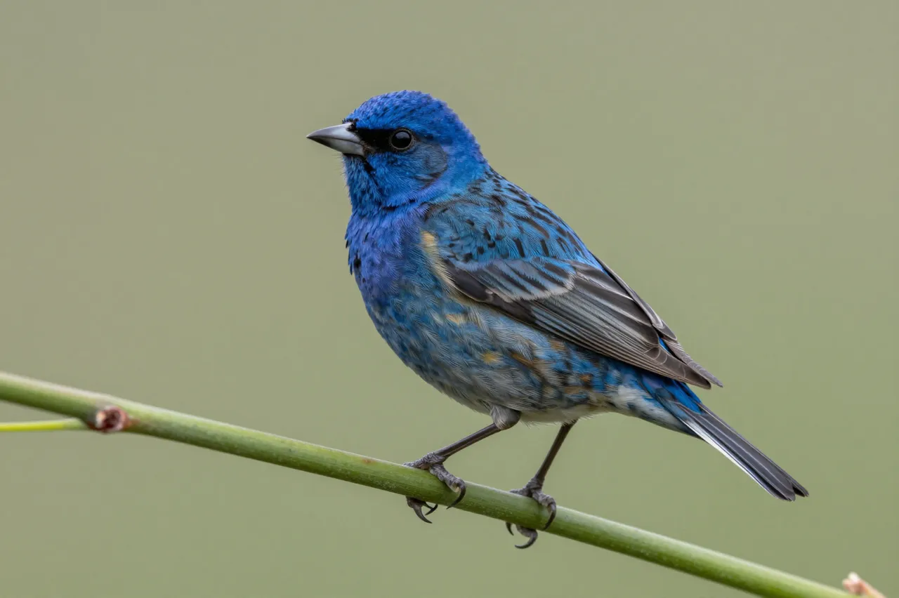 A vibrant blue indigo bunting perched steadily on a thin green plant stem