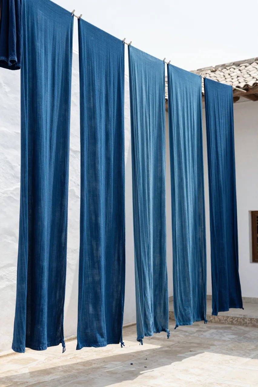 Long lengths of indigo dyed fabric hang to dry from a line in a sunny whitewashed courtyard