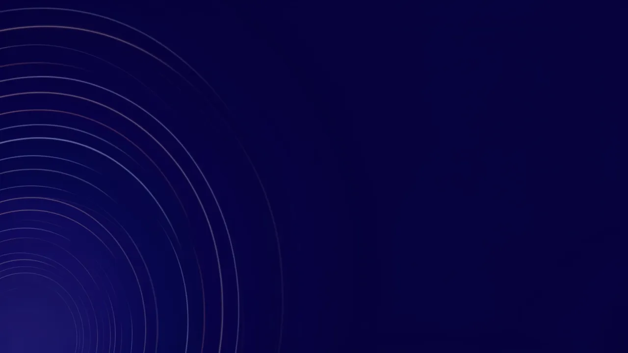 Faint glowing curved light rings spread from the lower left of a deep indigo background with open empty space on the right.