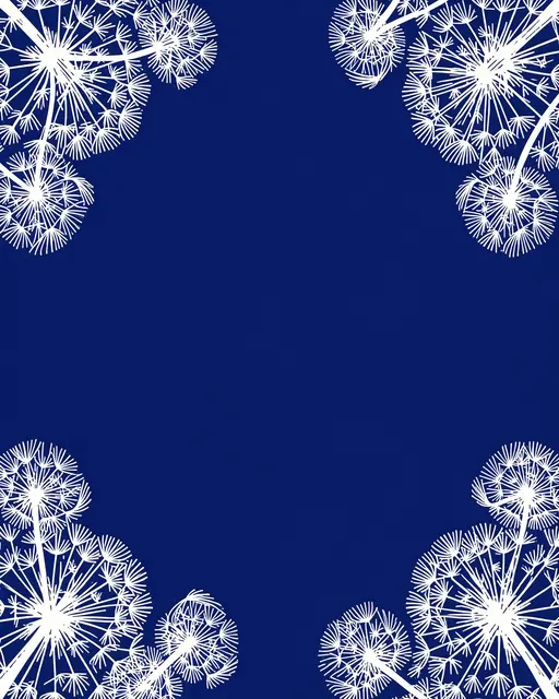 White linocut dandelion seed head illustrations frame an empty solid indigo center