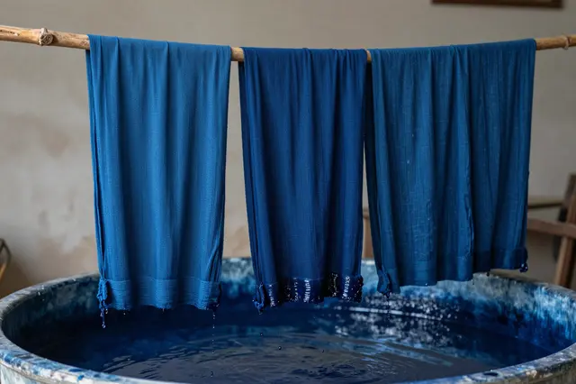 Dyed deep blue fabric hangs dripping from a wooden pole over an indigo dye vat in a workshop