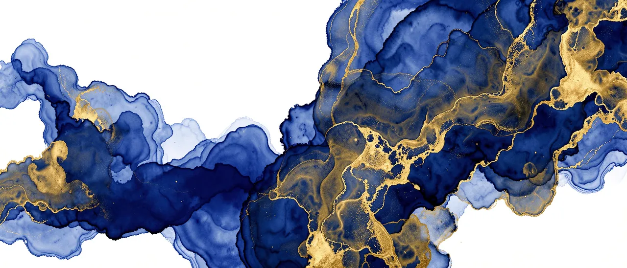 Flowing alcohol ink abstract in layered indigo blue and shimmering gold against a white background