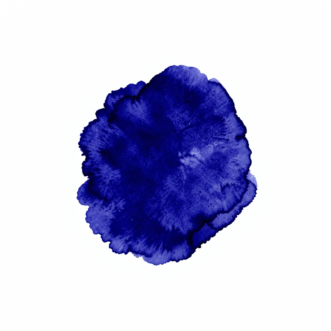 A textured, rounded deep indigo ink blot rests against a plain white background
