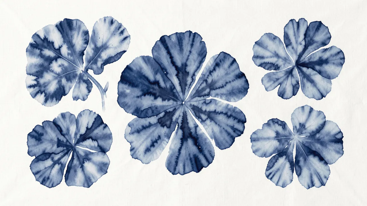Five hand-painted indigo shibori-style floral shapes arranged on soft white cotton fabric