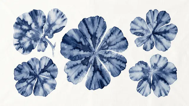 Five hand-painted indigo shibori-style floral shapes arranged on soft white cotton fabric