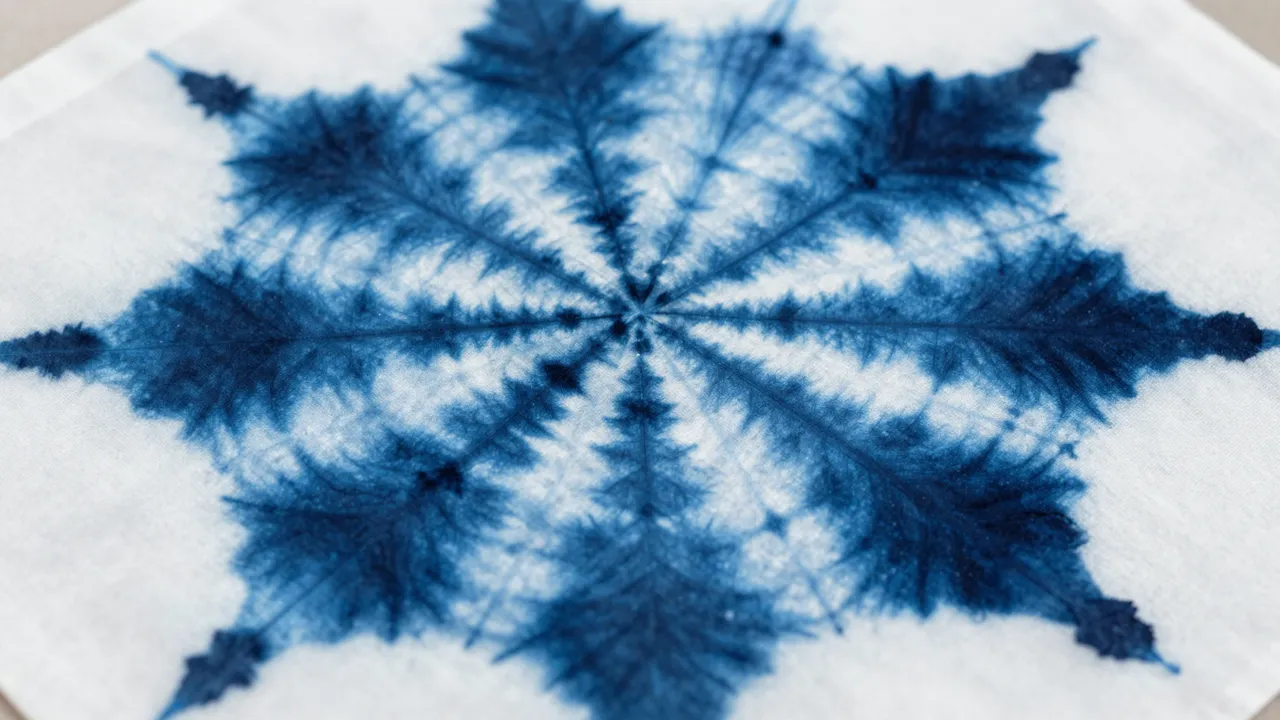 Symmetrical radial indigo shibori dye pattern spread across a plain white woven cloth
