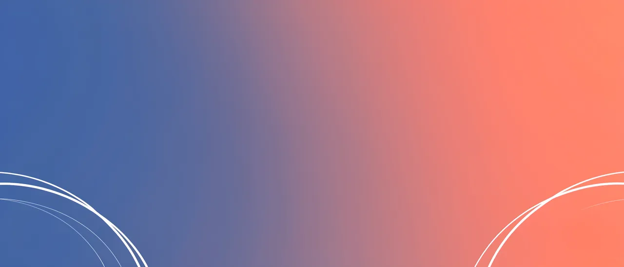 Smooth indigo to coral gradient background with thin white arcs in the lower corners and a blank central area