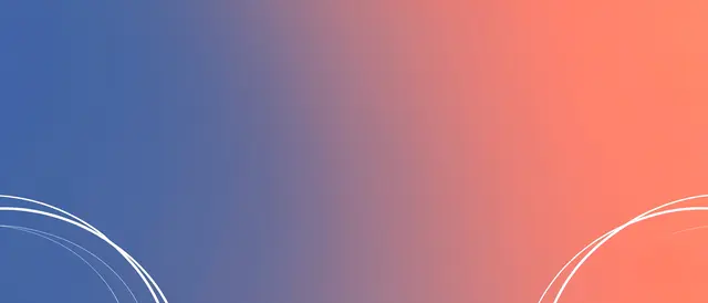 Smooth indigo to coral gradient background with thin white arcs in the lower corners and a blank central area