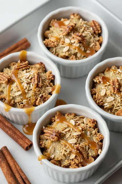 Overhead view of four ramekins of apple crisp with oat pecan topping, caramel drizzle, and cinnamon sticks on a light tray.