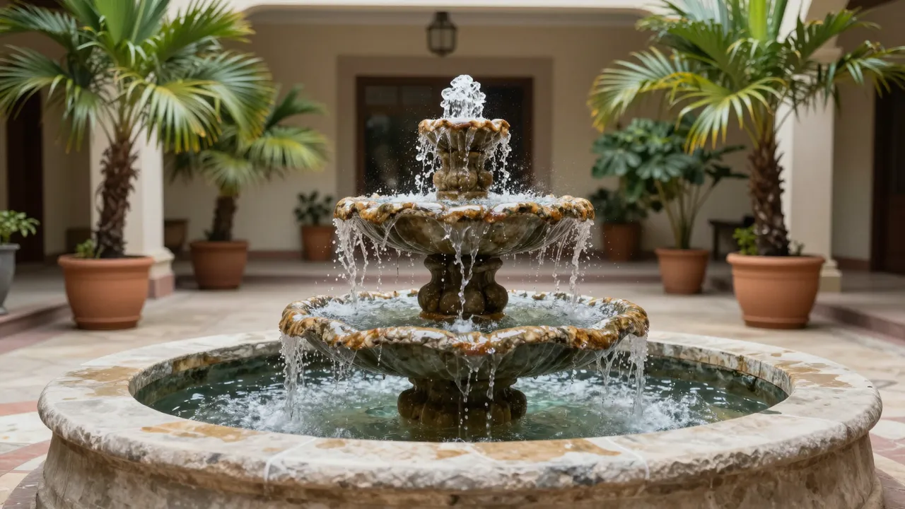A tiered stone fountain trickles water in an indoor courtyard lined with potted palm plants