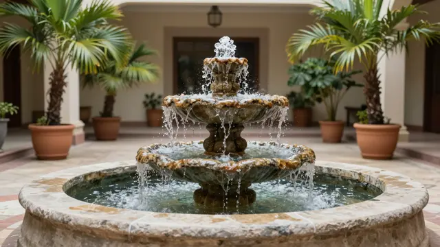 A tiered stone fountain trickles water in an indoor courtyard lined with potted palm plants