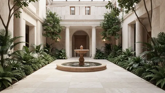 A sunlit classical indoor garden atrium features a central fountain and surrounding lush tropical plants.