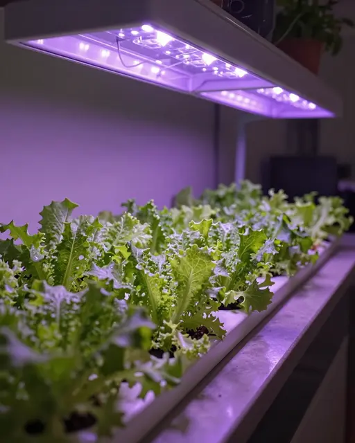 Leafy green lettuce grows under glowing purple LED grow lights on a countertop at night
