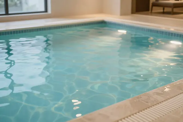 Calm rippled turquoise water fills an indoor spa pool with neutral tile surrounds and warm soft lighting.