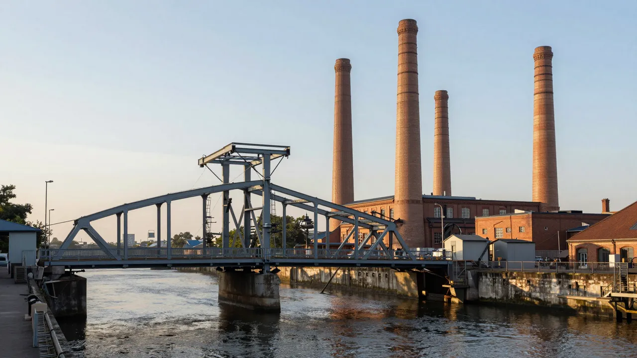 Riveted steel swing bridge spans an industrial canal beside tall brick chimneys at golden sunset