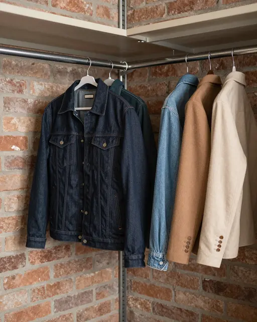 Denim and wool jackets hang from an iron clothing rail against a raw exposed brick wall
