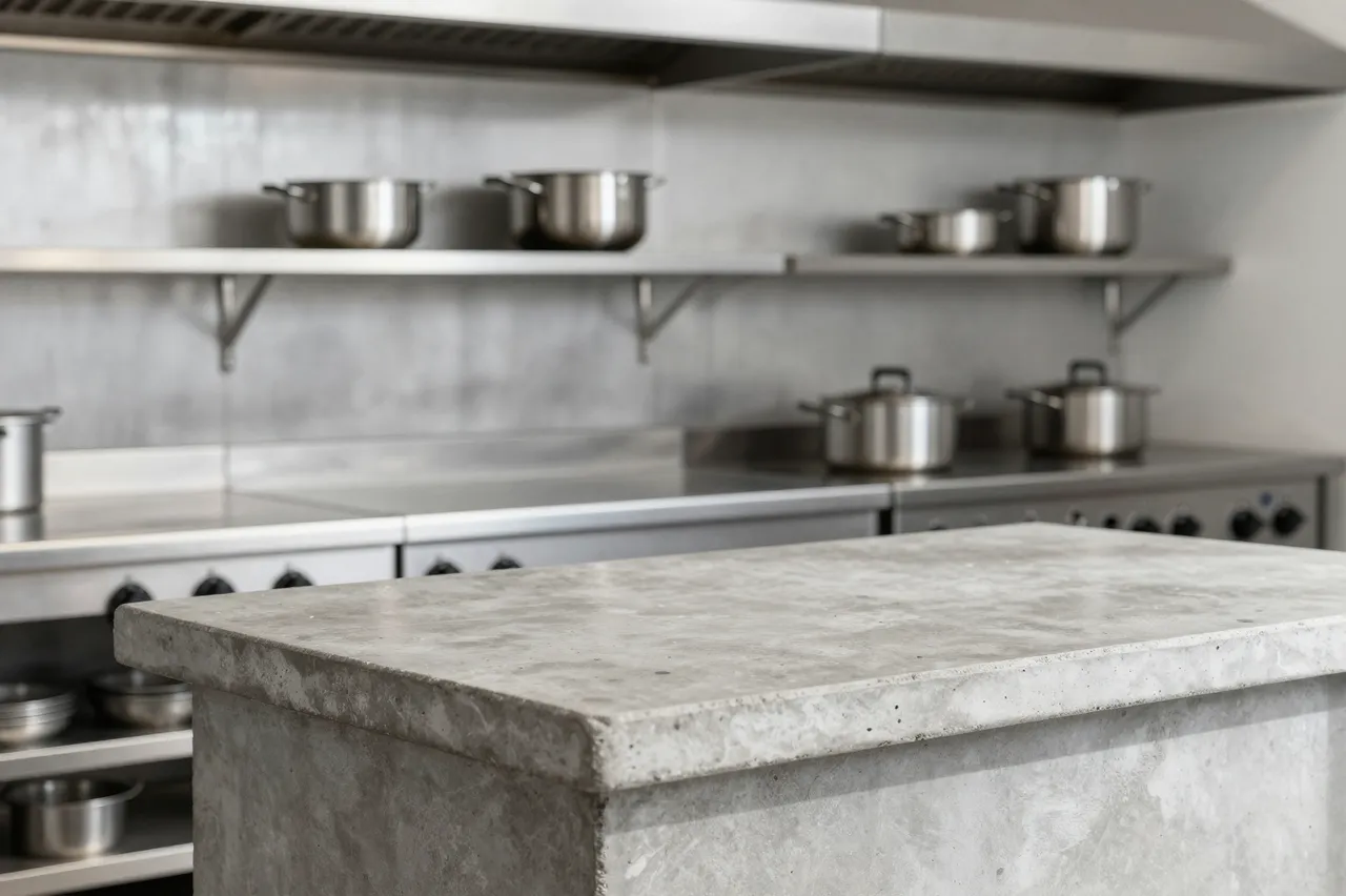 A modern industrial kitchen with a concrete island, steel shelves and stainless steel cookware