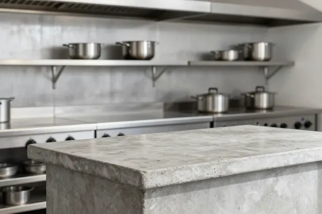 A modern industrial kitchen with a concrete island, steel shelves and stainless steel cookware