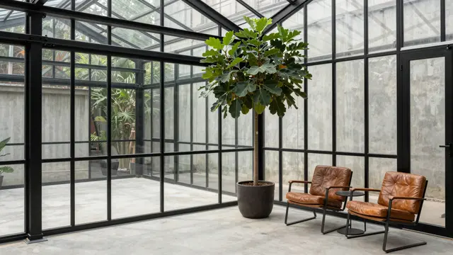 Industrial sunroom with black steel glass walls, concrete floor, leather chairs and a large potted fig tree