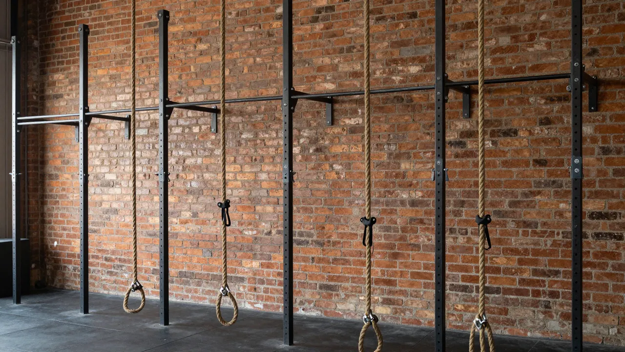 Empty industrial gym interior with exposed brick walls, pull up rigs and hanging climbing ropes