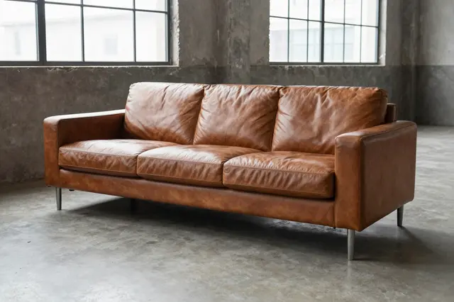 A tan leather three-seater sofa sits in an unfinished industrial living room with concrete walls and steel grid windows.