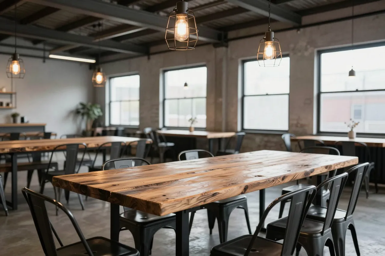 Spacious industrial loft dining room with reclaimed wood tables, metal chairs, and caged pendant lights under exposed steel