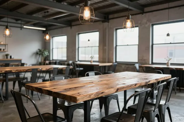Spacious industrial loft dining room with reclaimed wood tables, metal chairs, and caged pendant lights under exposed steel