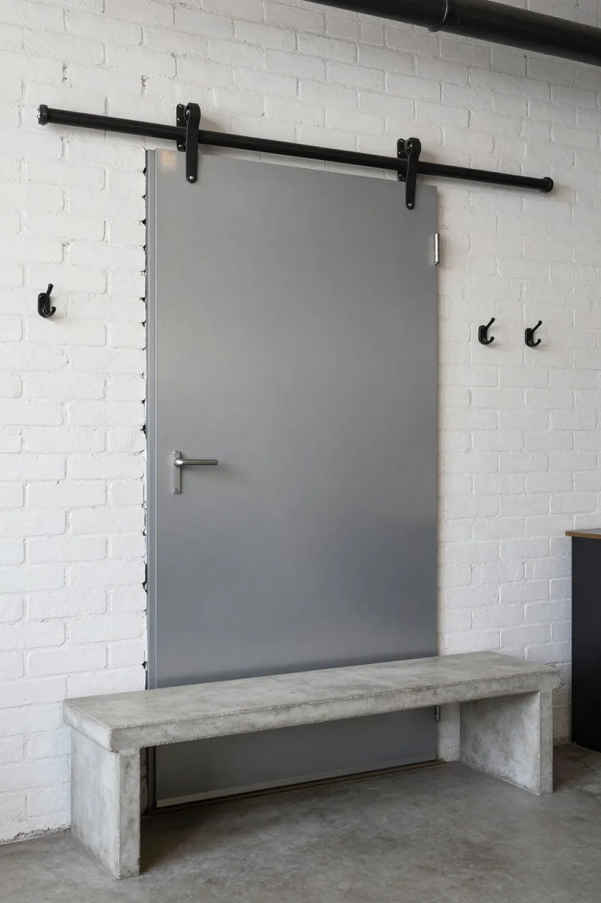 Sliding steel barn door sits above a concrete bench against whitewashed brick walls with black coat hooks