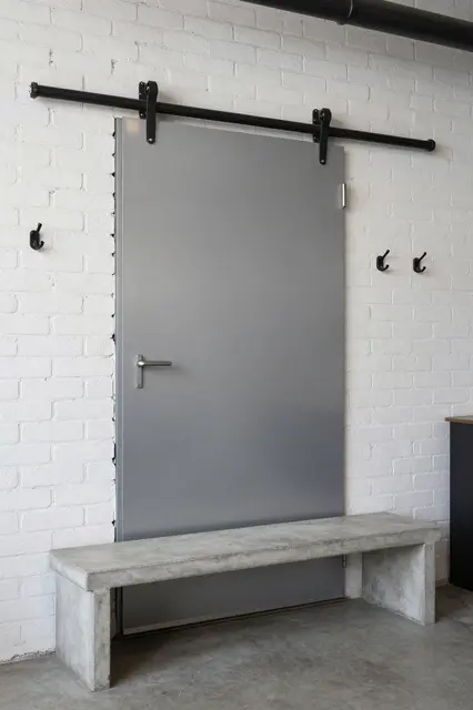 Sliding steel barn door sits above a concrete bench against whitewashed brick walls with black coat hooks