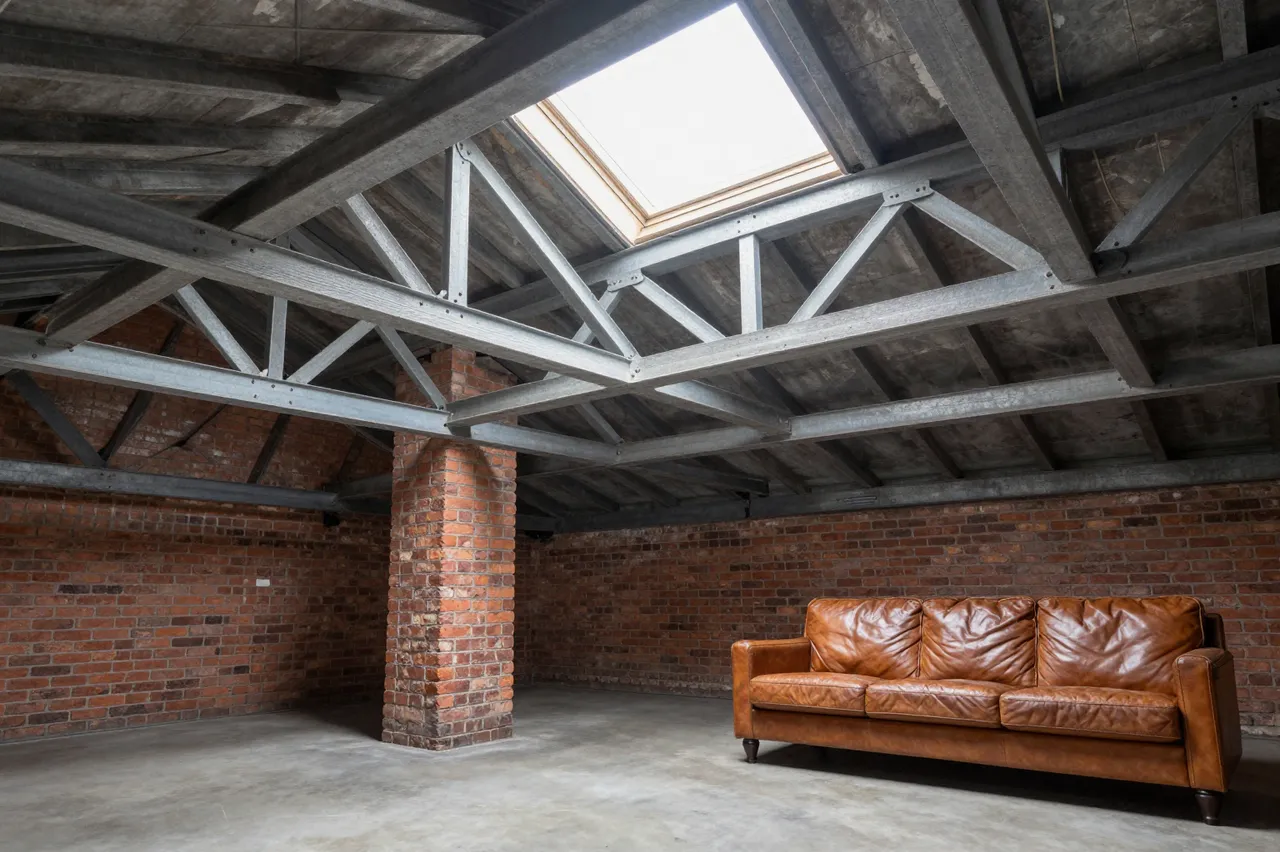 Empty converted industrial attic loft with brick walls, steel trusses, skylight and leather sofa