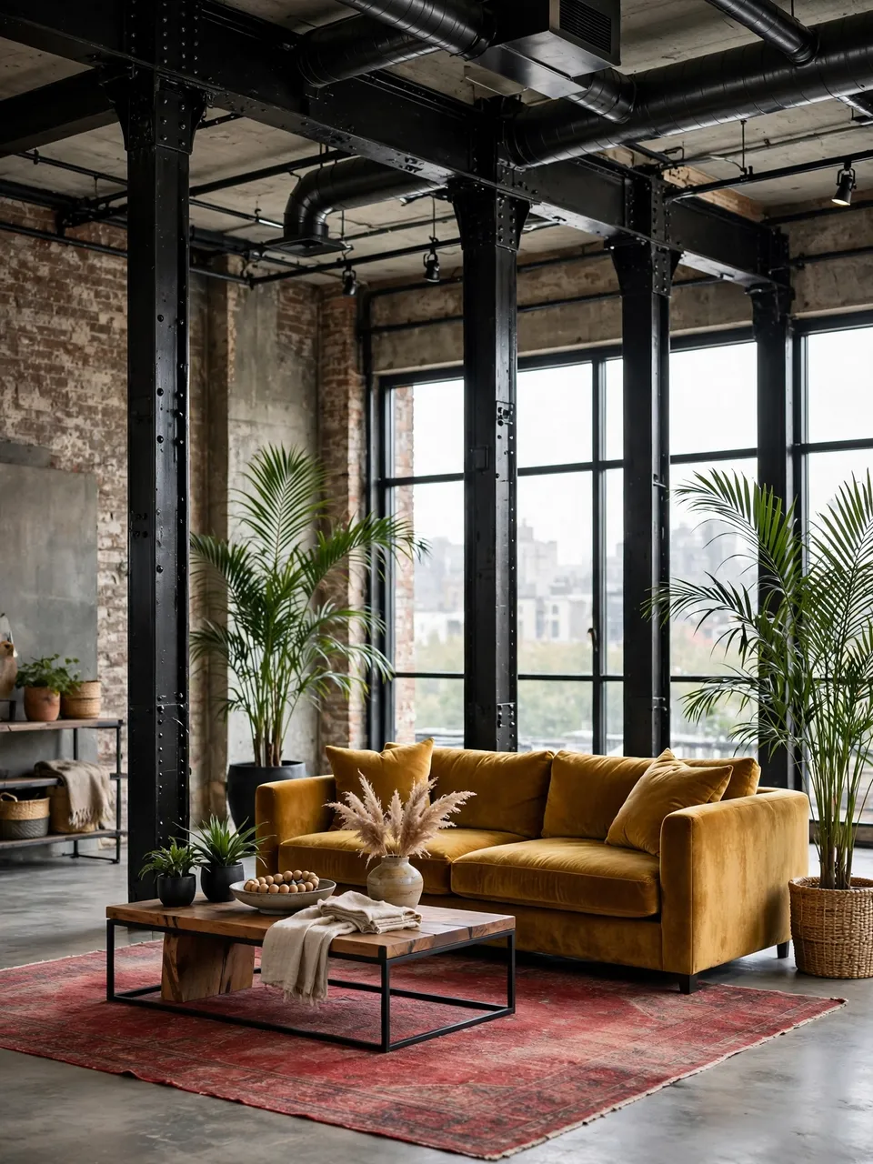 Spacious industrial loft interior with black steel columns, ochre velvet sofa, red rug and tall potted palms