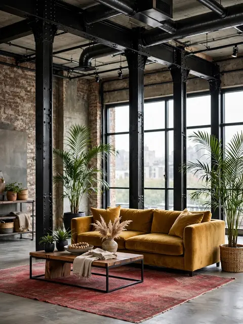 Spacious industrial loft interior with black steel columns, ochre velvet sofa, red rug and tall potted palms