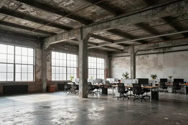 Sunlit converted warehouse office with exposed concrete, rows of desks and large grid windows