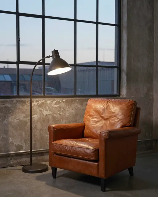 A cognac leather armchair beside a lit floor lamp sits in front of a factory window at dusk