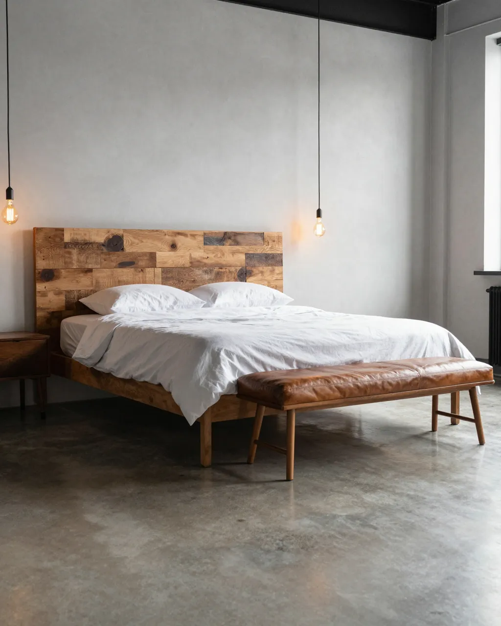 Minimal industrial bedroom with reclaimed wood bed, leather bench, and exposed filament pendants over polished concrete