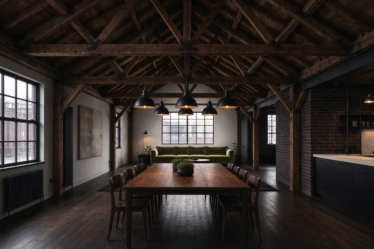 Spacious warehouse loft with exposed timber trusses, dining table, pendant lights and green sofa, no people present