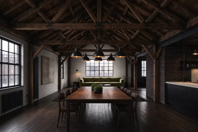 Spacious warehouse loft with exposed timber trusses, dining table, pendant lights and green sofa, no people present
