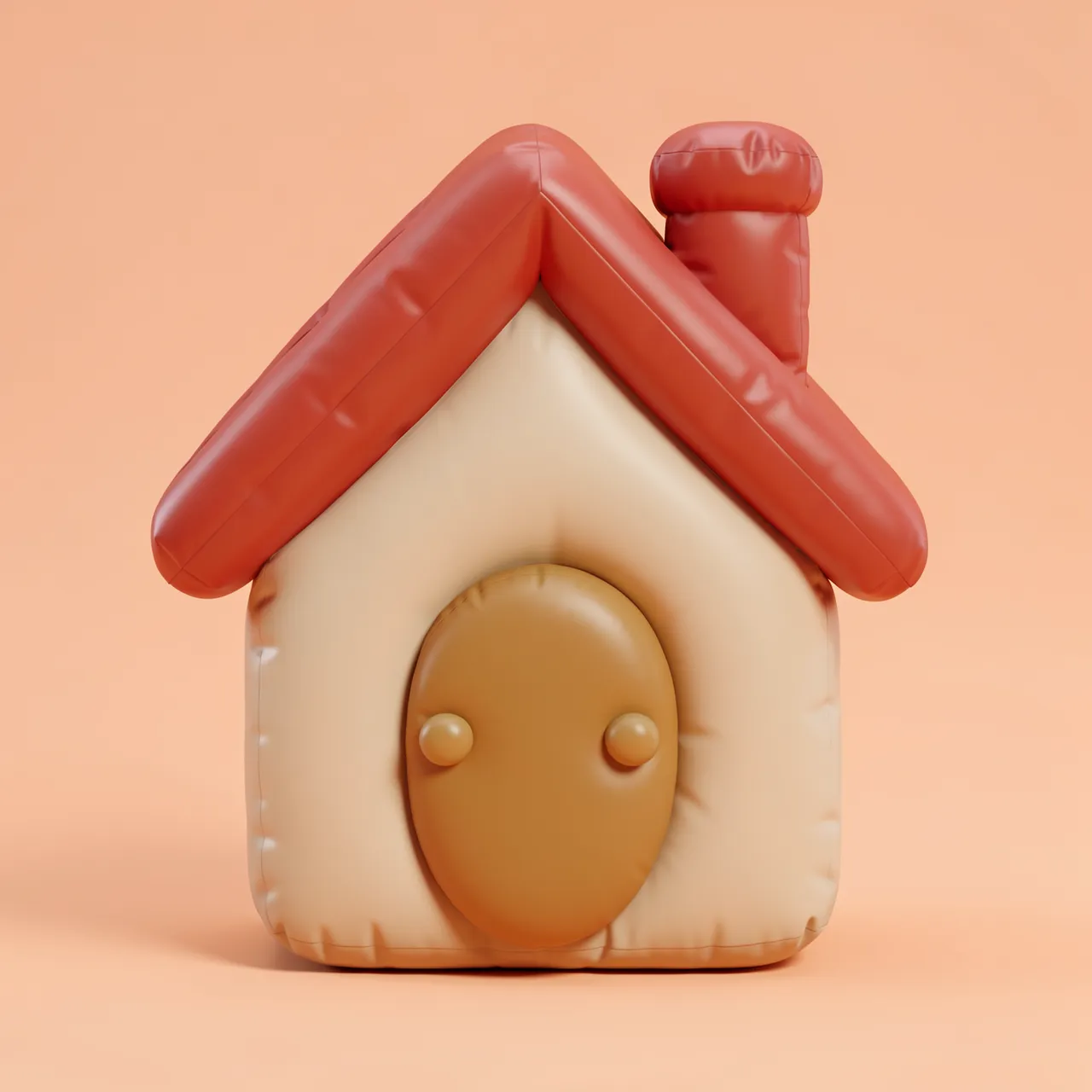 Puffy inflatable stylized house icon with round door and chimney sits on a solid peach background