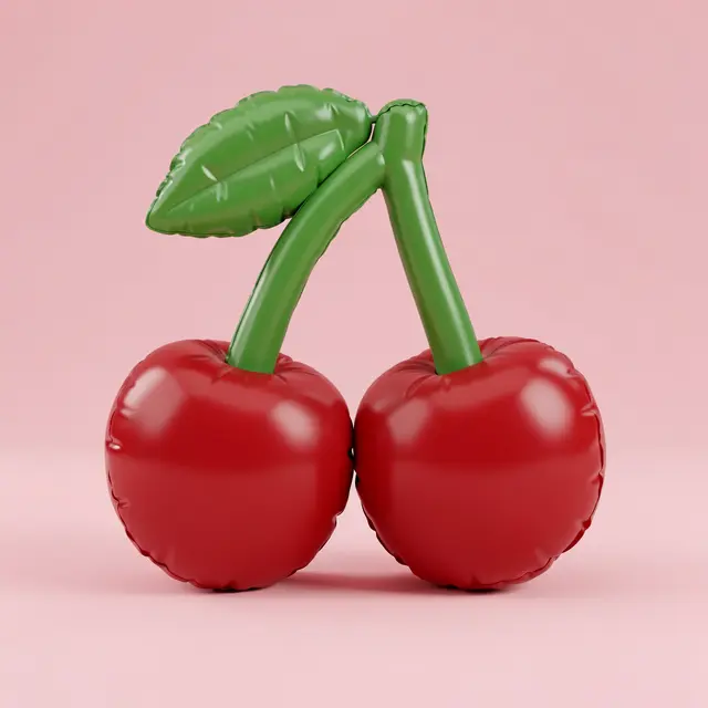 Puffy inflatable 3D illustration of a pair of cherries with a leaf on a soft pink background