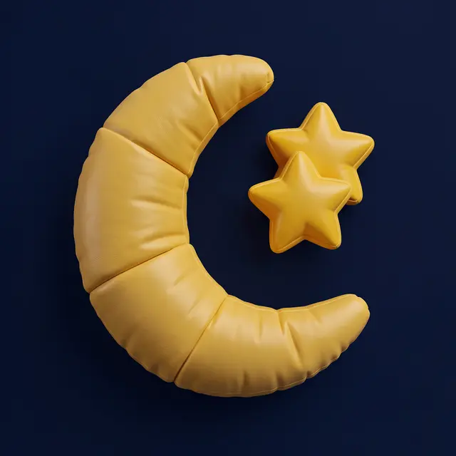 Puffy yellow inflatable crescent moon and two stars rest against a solid navy background
