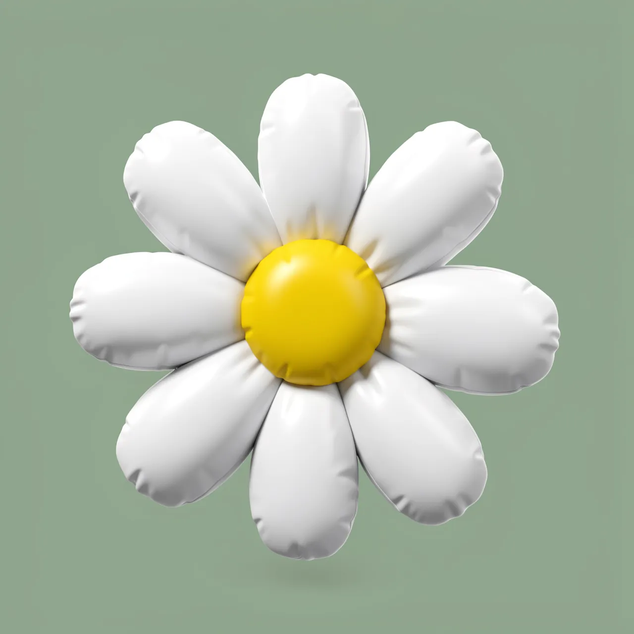 Puffy inflatable white daisy with a yellow center floats against a solid sage green background