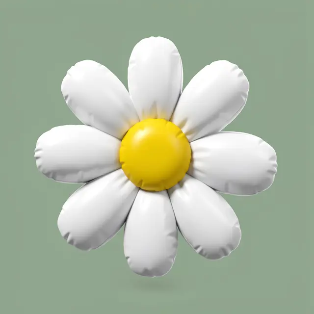Puffy inflatable white daisy with a yellow center floats against a solid sage green background