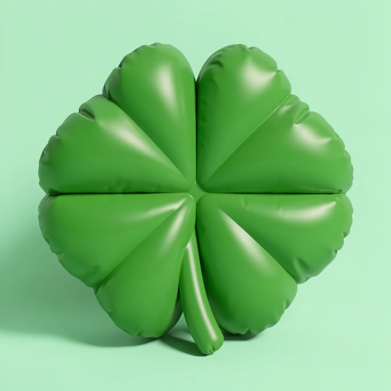 A puffy inflatable 3D render of a four-leaf clover sits on a soft mint background with gentle shadows