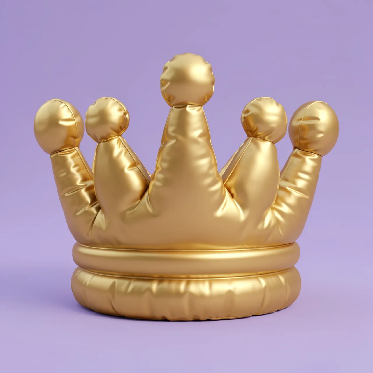 A puffy inflated soft gold crown sits centered against a solid lavender background