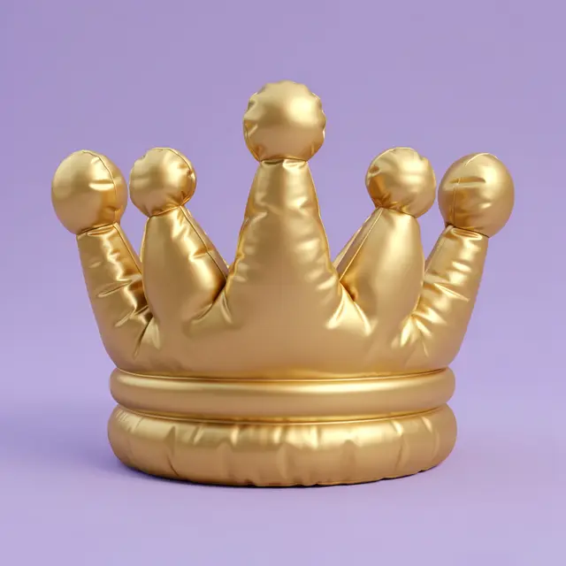 A puffy inflated soft gold crown sits centered against a solid lavender background