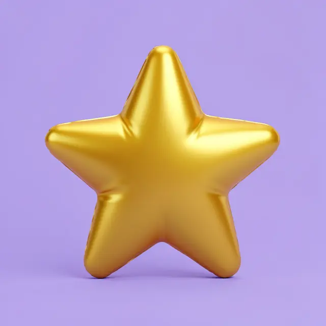 A puffy rounded metallic golden star sits centered against a smooth lilac background