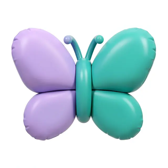 Puffy rounded inflatable 3D butterfly icon with lilac left wings and teal right wings on a plain white background