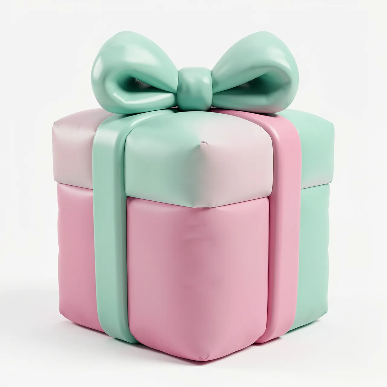 A puffy inflatable 3D render of a gift box with a large mint bow against a plain white background
