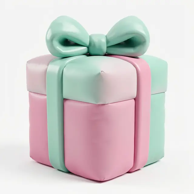 A puffy inflatable 3D render of a gift box with a large mint bow against a plain white background