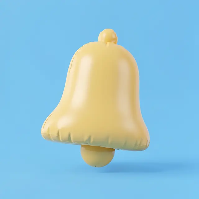 Puffy butter yellow inflatable notification bell 3D render floating against a solid sky blue background